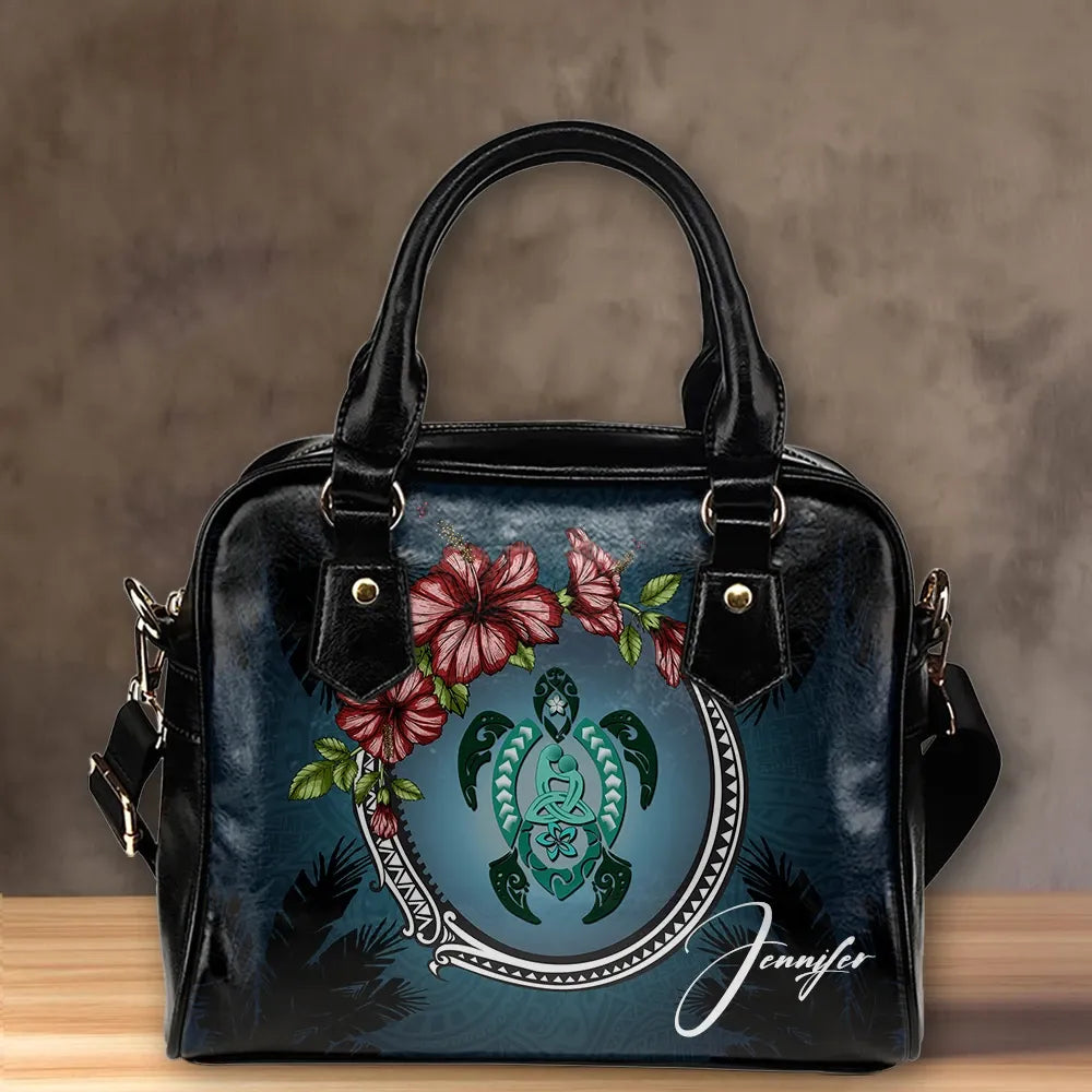 Custom Kanaka Maoli Hawaiian Shoulder Handbag Polynesian Ohana Turtle Hibiscus Mother Son Personal Signature