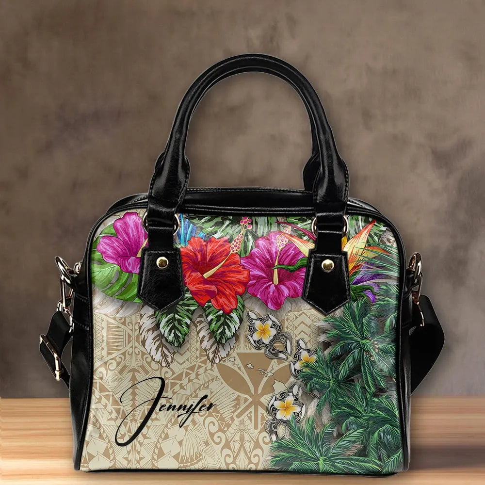 Custom Kanaka Maoli Hawaiian Shoulder Handbag Hibiscus Turtle Tattoo Beige Personal Signature