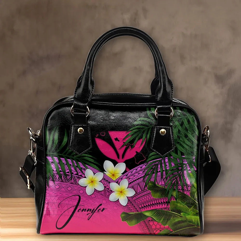 Custom Kanaka Maoli Hawaiian Shoulder Handbag, Polynesian Plumeria Banana Leaves Pink Personal Signature