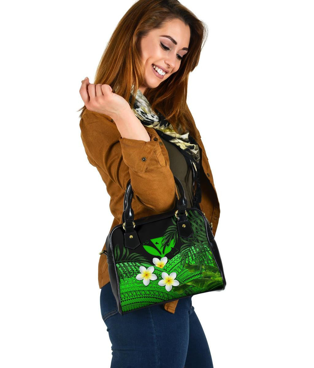 Kanaka Maoli Hawaiian Shoulder Handbag, Polynesian Plumeria Banana Leaves Green