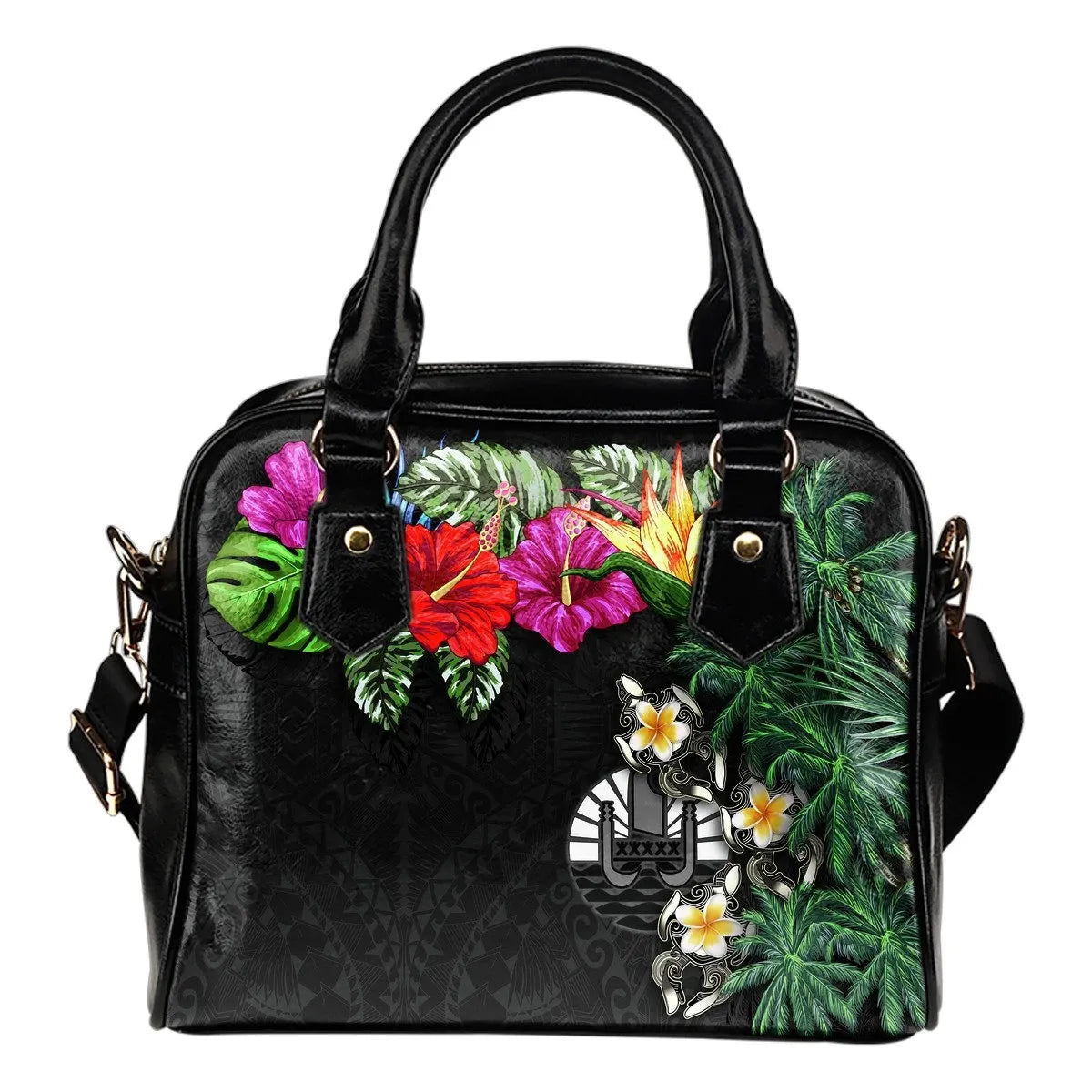 Tahiti Shoulder Handbag Hibiscus Turtle Tattoo Gray