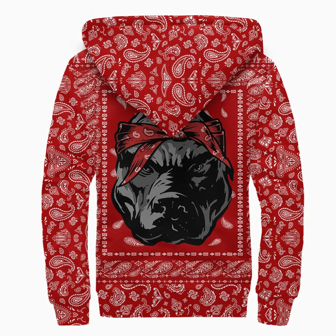 Blood Gang Bulldog Sherpa Hoodie Red Bandana Pattern Printed Fleece Hoodie