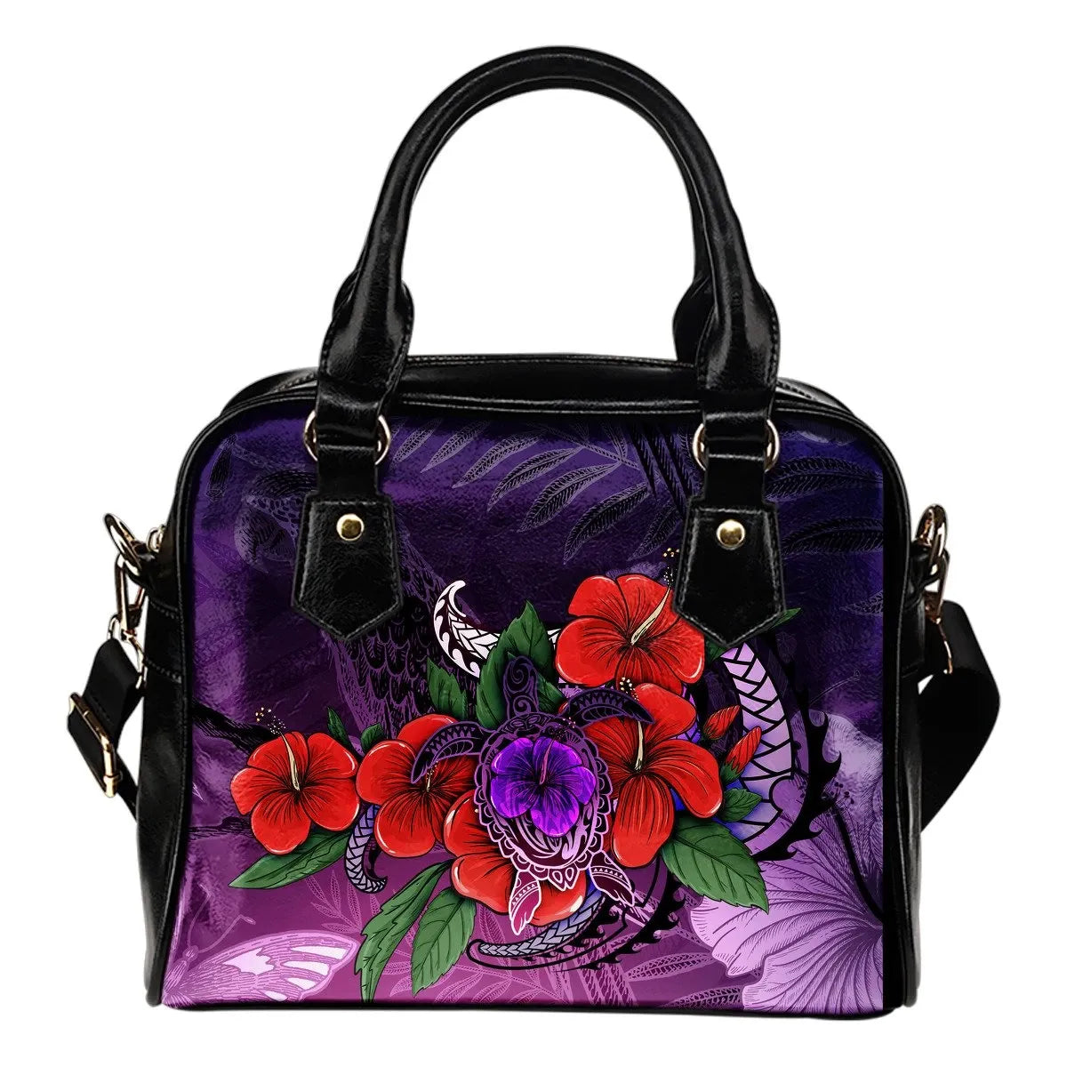 Polynesian Shoulder Handbag Purple Hibiscus Turtle Flowing