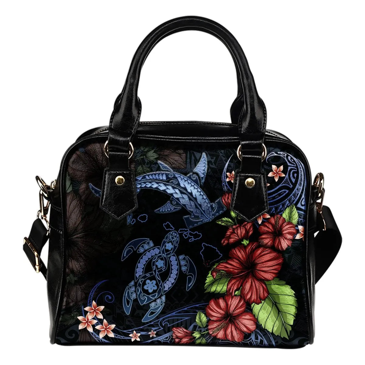 Hawaii Map Shoulder Handbag Shark And Turtle Hibiscus Polynesian