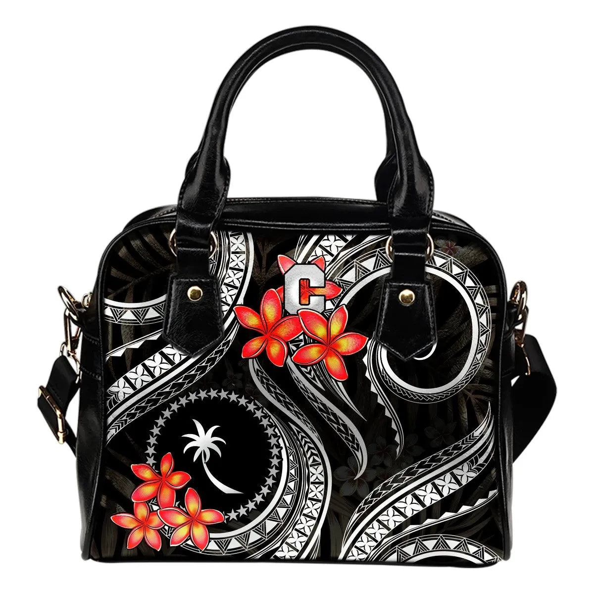 Chuuk Micronesian Shoulder Handbag Black Plumeria