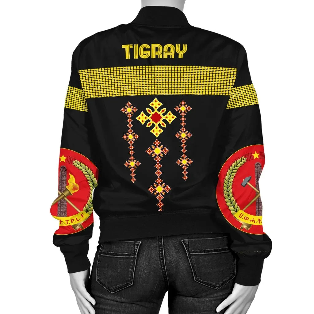 Tigray Bomber Jacket, Tigray Round Pattern Flag Women Black
