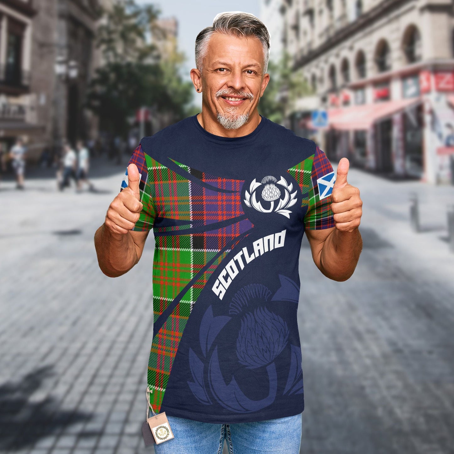 Printivon Thistle Flowers and Scottish Tartan MacDonald Clan Ranald Family Custom Tee Shirt