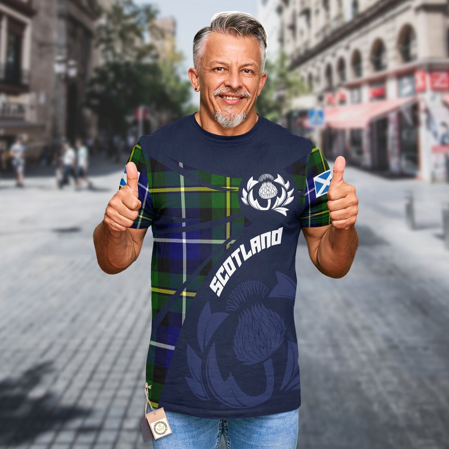 Printivon Thistle Flowers and Scottish Tartan MacNeill of Barra Family Custom Tee Shirt