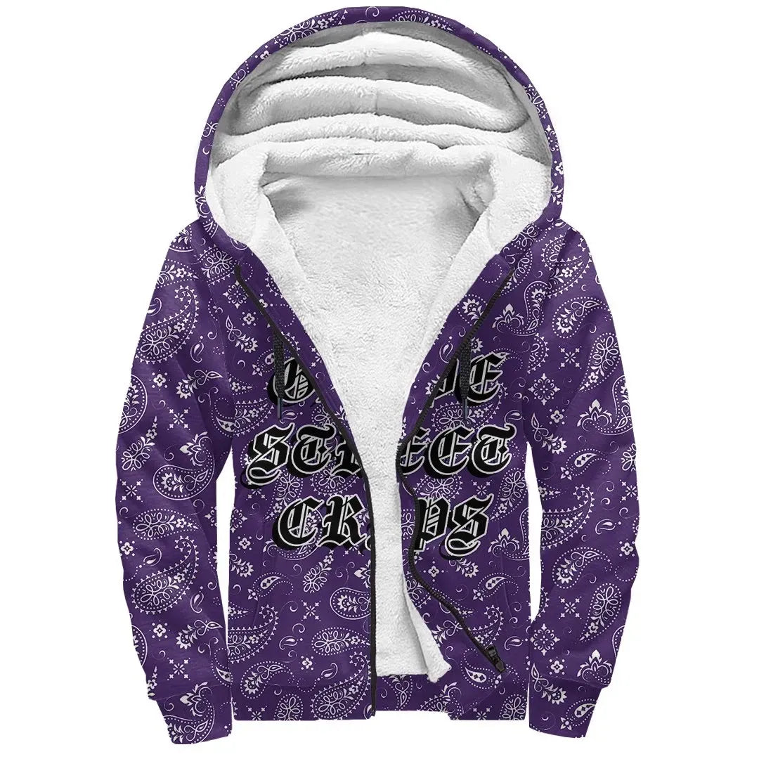 Grape Street Crips Gang Sherpa Hoodie - Purple Bandana Pattern Printed Fleece Hoodie