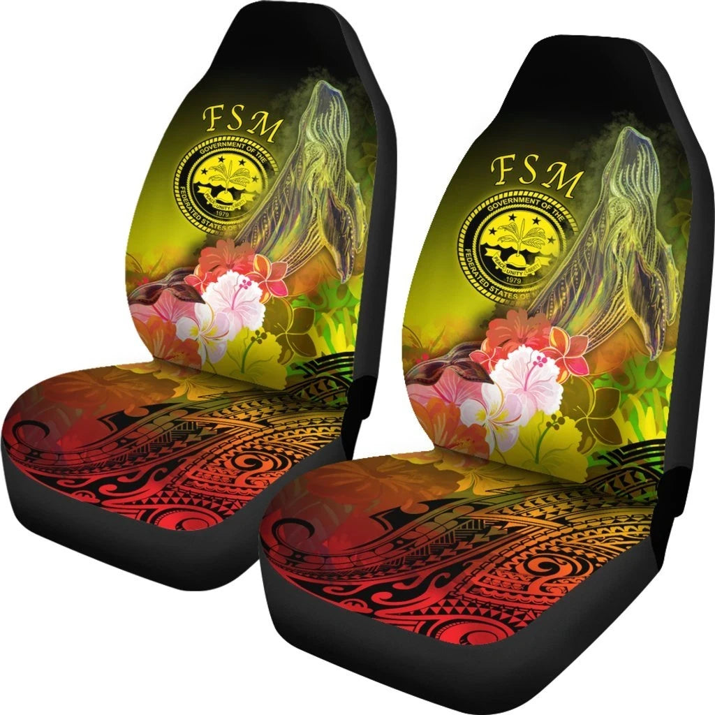 Federated States Of Micronesia Car Seat Covers Humpback Whale With Tropical Flowers Yellow