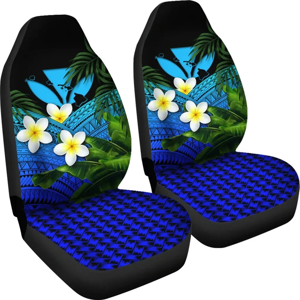 Kanaka Maoli Hawaiian Car Seat Covers Polynesian Plumeria Banana Leaves Blue
