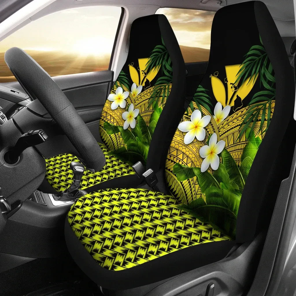Kanaka Maoli Hawaiian Car Seat Covers Polynesian Plumeria Banana Leaves Yellow