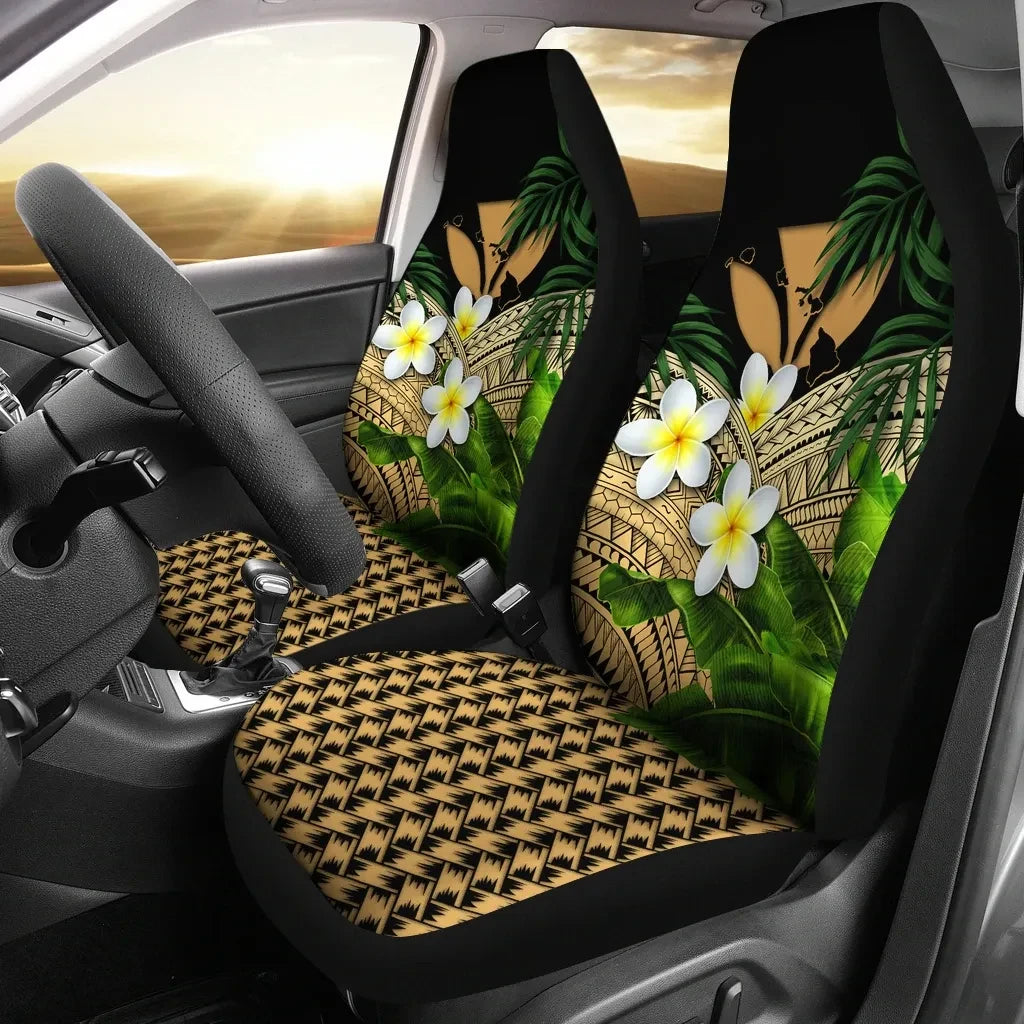 Kanaka Maoli Hawaiian Car Seat Covers Polynesian Plumeria Banana Leaves Gold