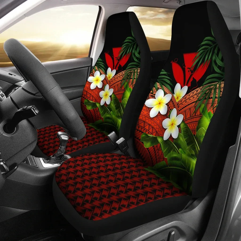 Kanaka Maoli Hawaiian Car Seat Covers Polynesian Plumeria Banana Leaves Red