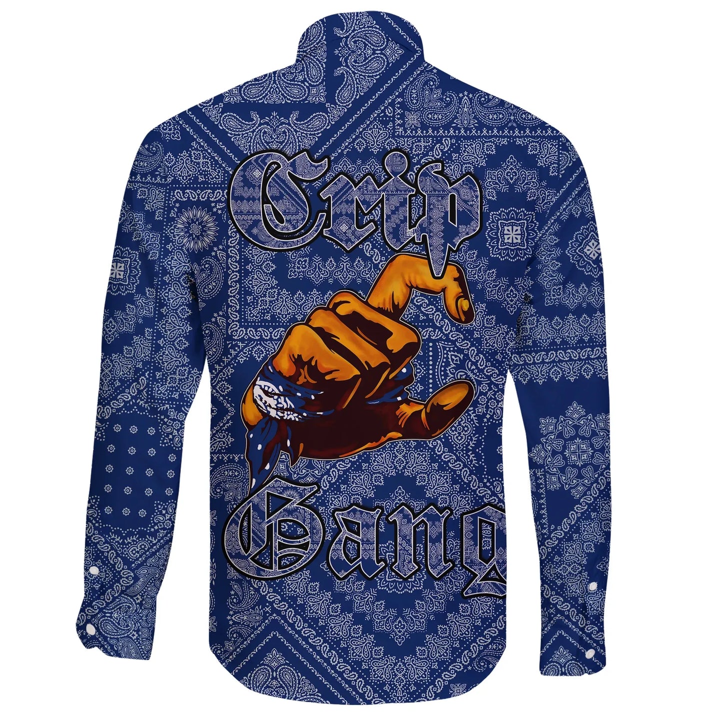 Crips Gang Bulldog Long Sleeve Button Shirt Blue Paisley