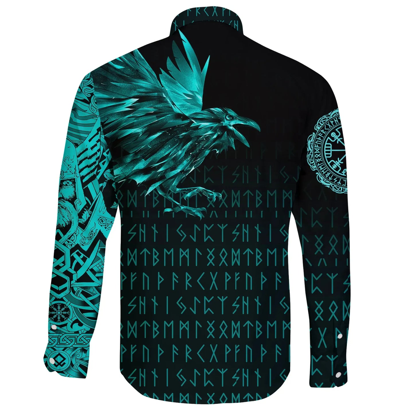 Vikings Raven Tattoo Style Cyan Long Sleeve Button Shirt
