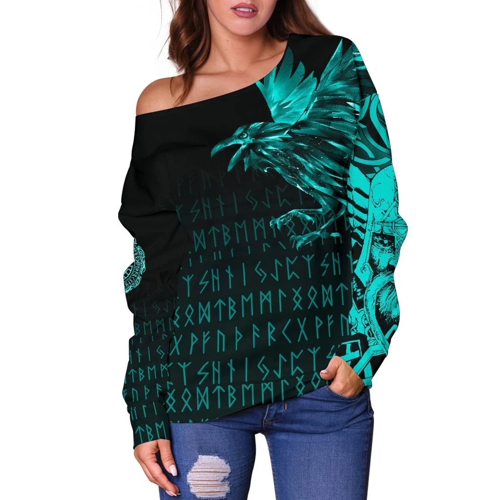 Vikings Women's Off Shoulder Sweater Raven Tattoo Style Cyan