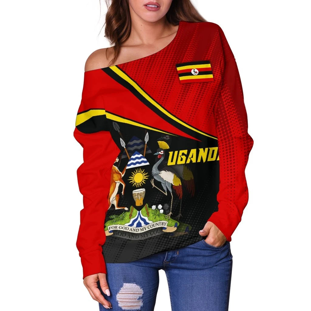 Uganda Women's Off Shoulder Sweater National Flag