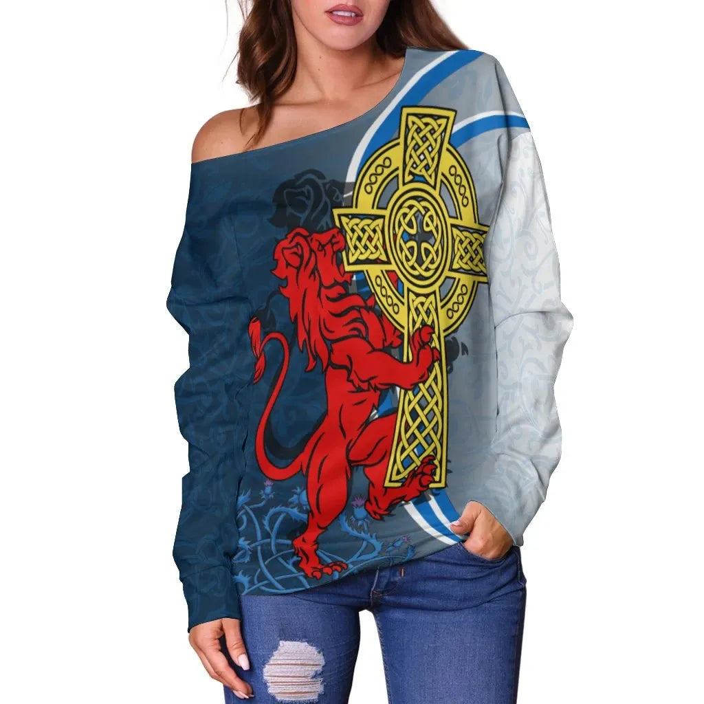 Scotland Women's Off Shoulder Sweater Scottish Lion With Celtic Cross