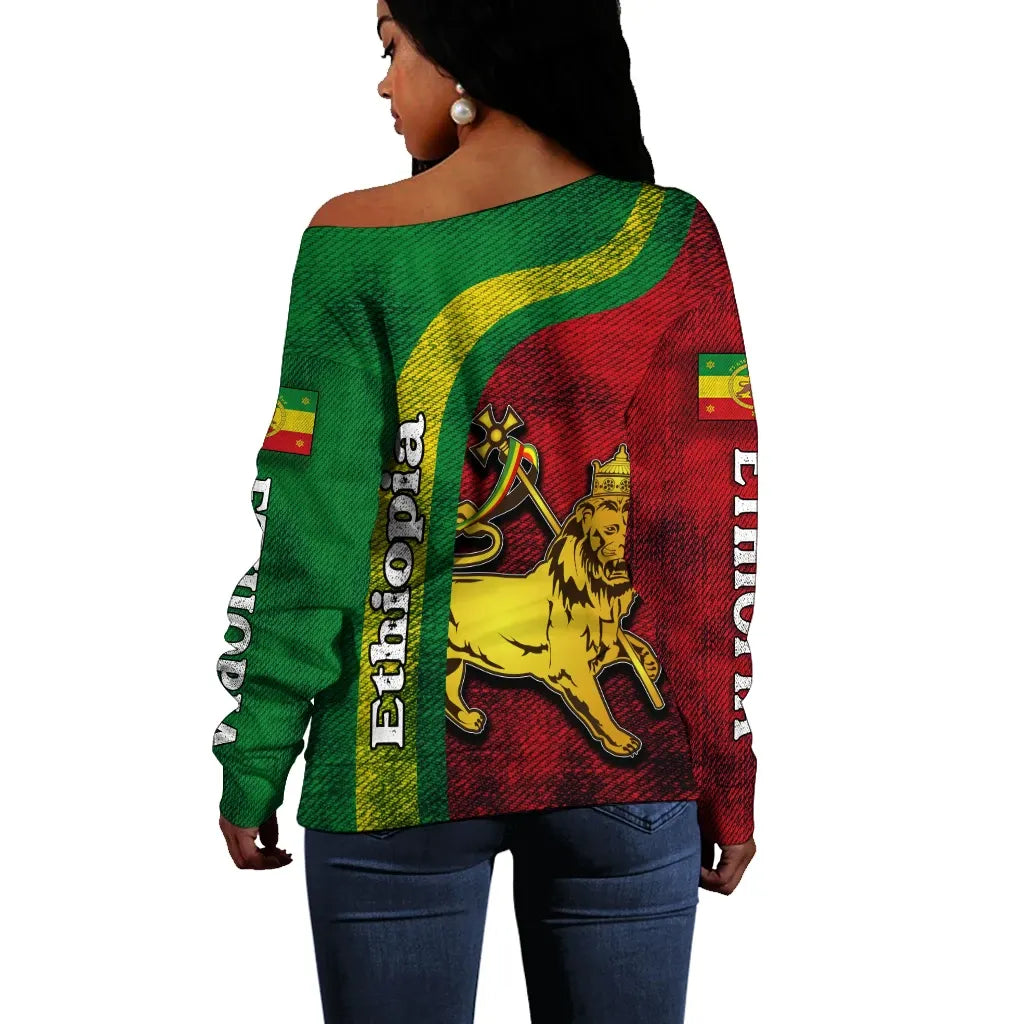 Ethiopia Off Shoulder Sweater Ethiopia Lion Rasta