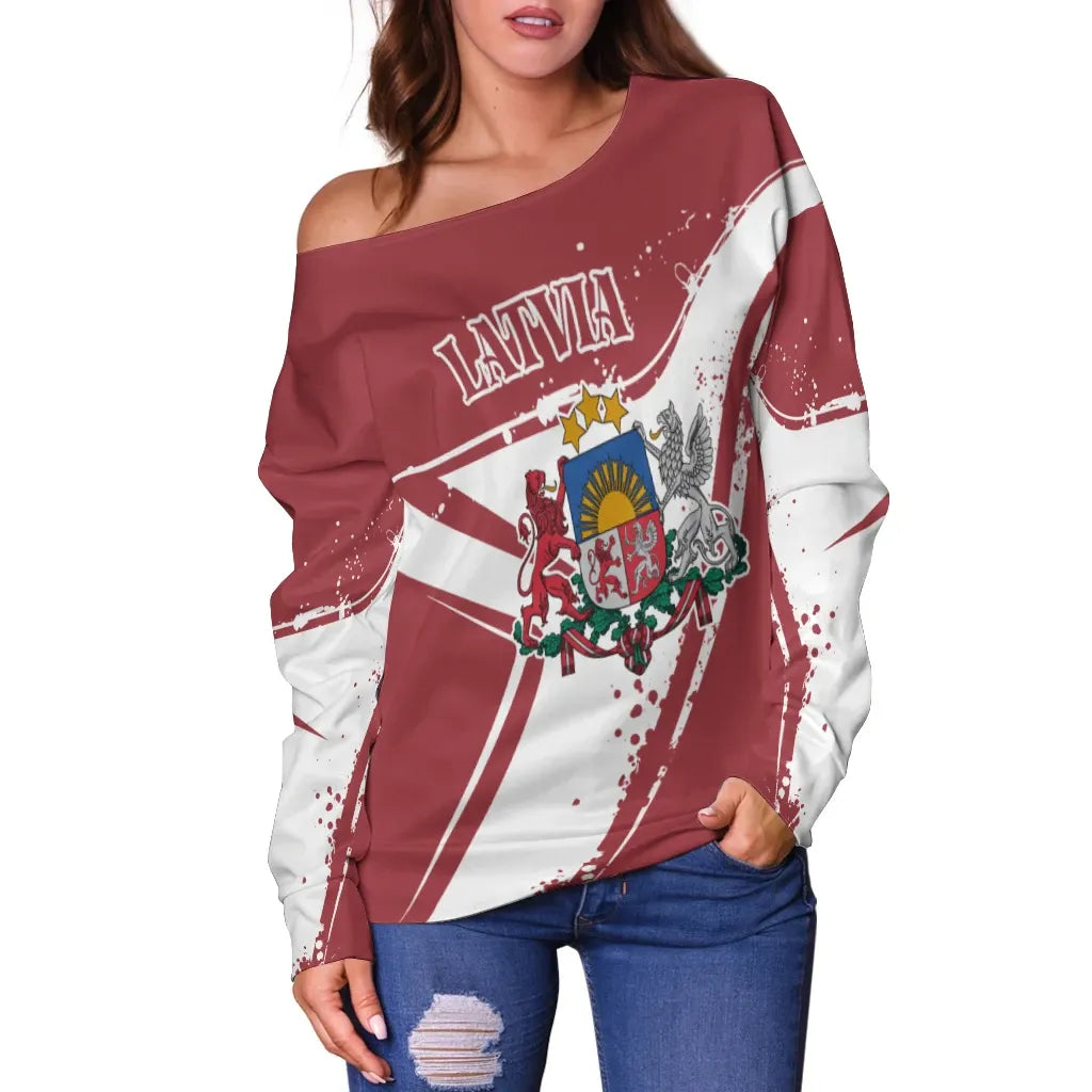 Latvia Women's Off Shoulder Sweater Latvia Pride