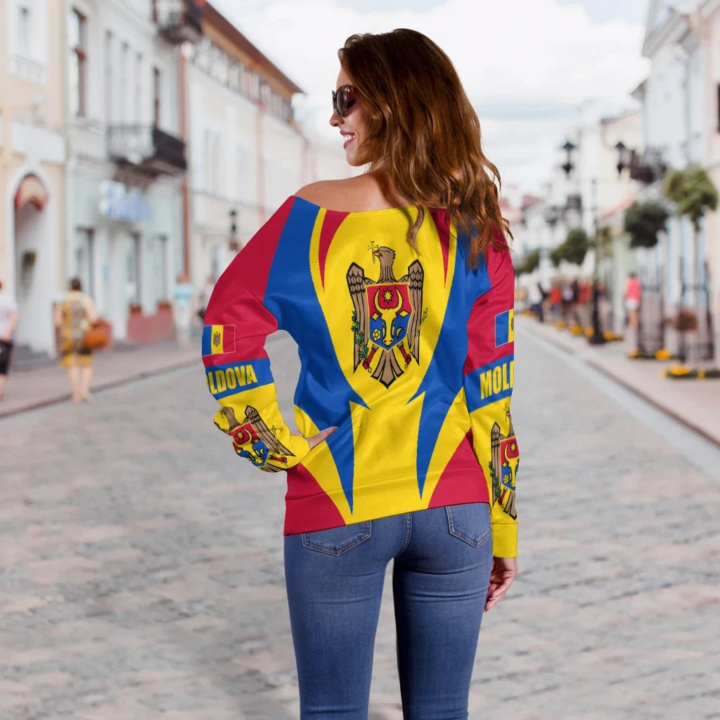 Moldova Off Shoulder Sweater Action Flag