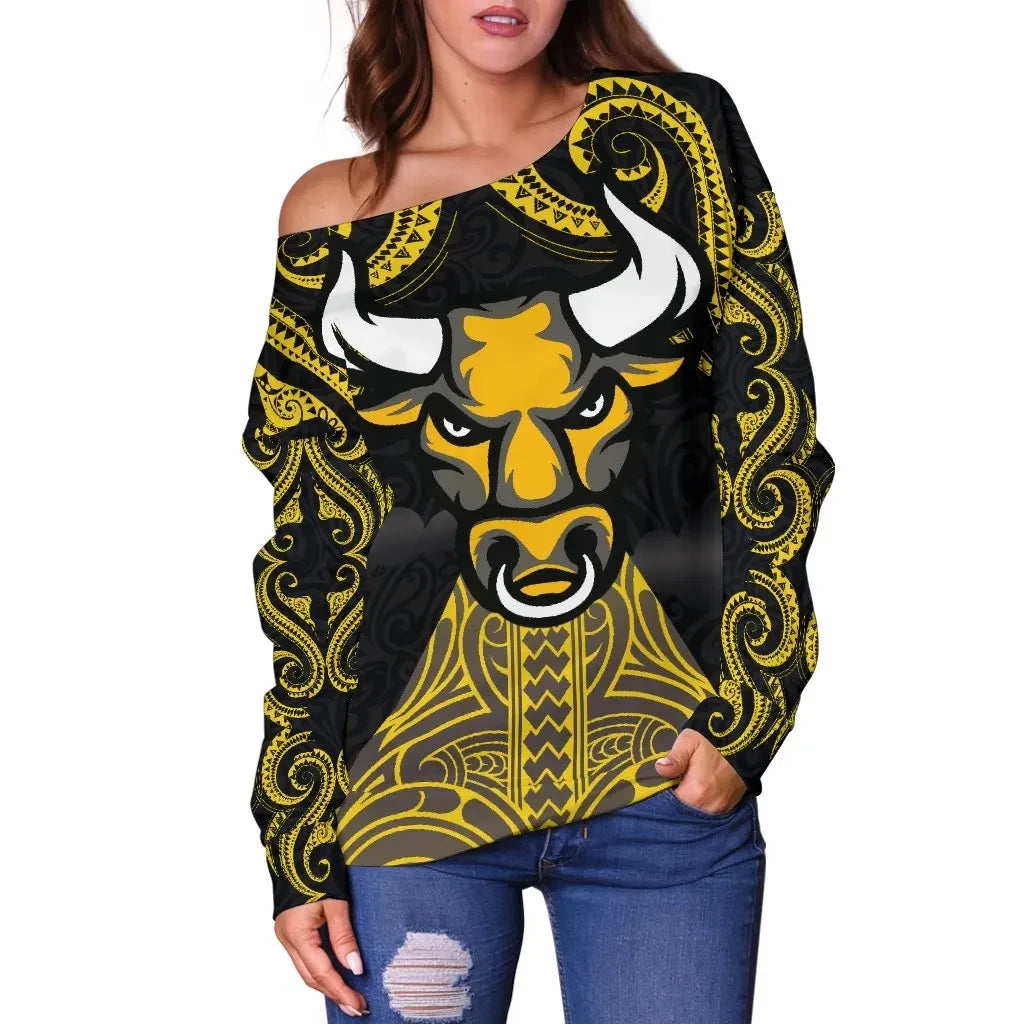 Aotearoa Maori Women Off Shoulder Sweater Taranaki Bulls