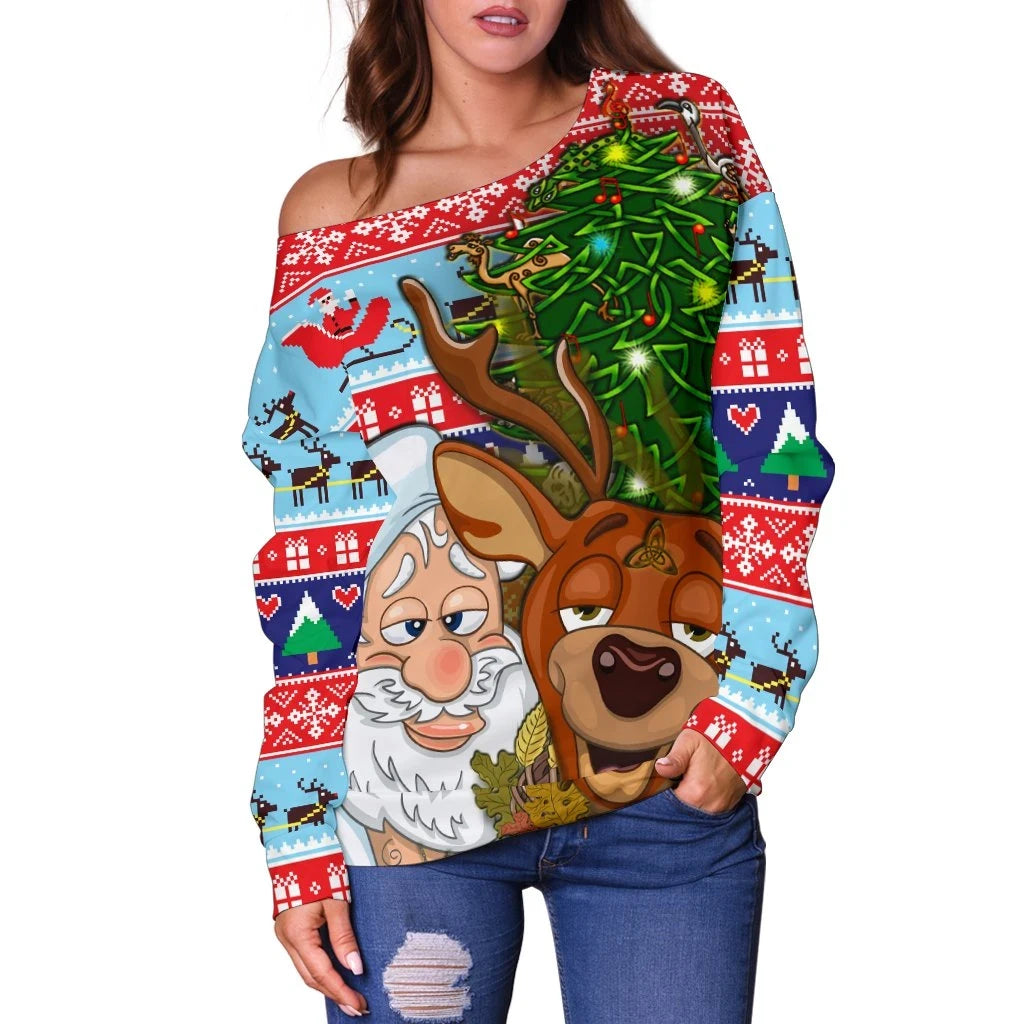 Celtic Style Merry Christmas Ugly Women Off Shoulder Drunk Santa and Deer