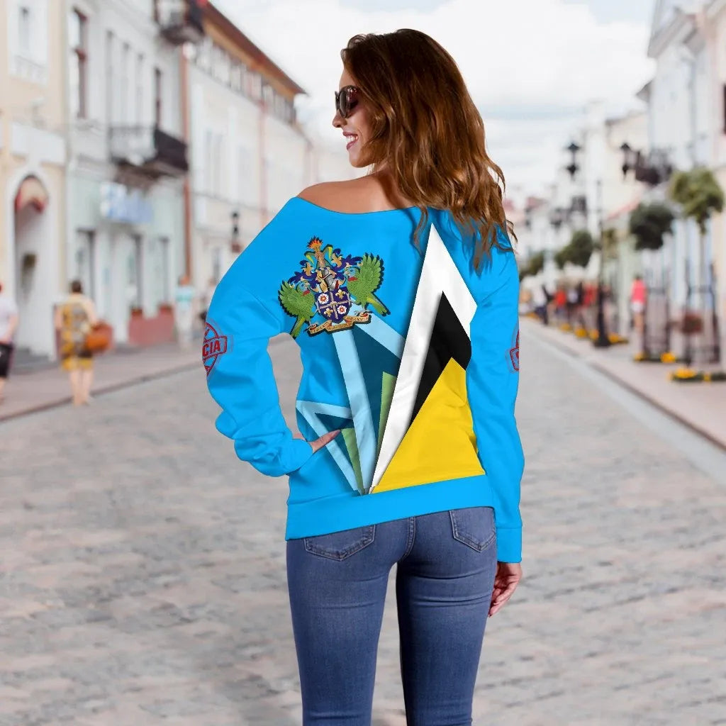Saint Lucia Off Shoulder Sweater Flag With Coat Of Arms