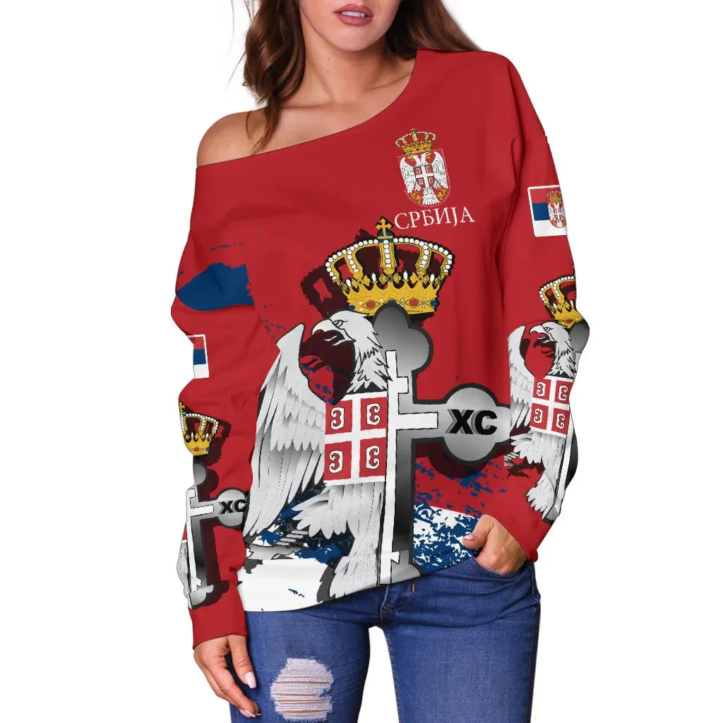 Serbia Off Shoulder Sweater Serbian Eagle / Orthodox Cross
