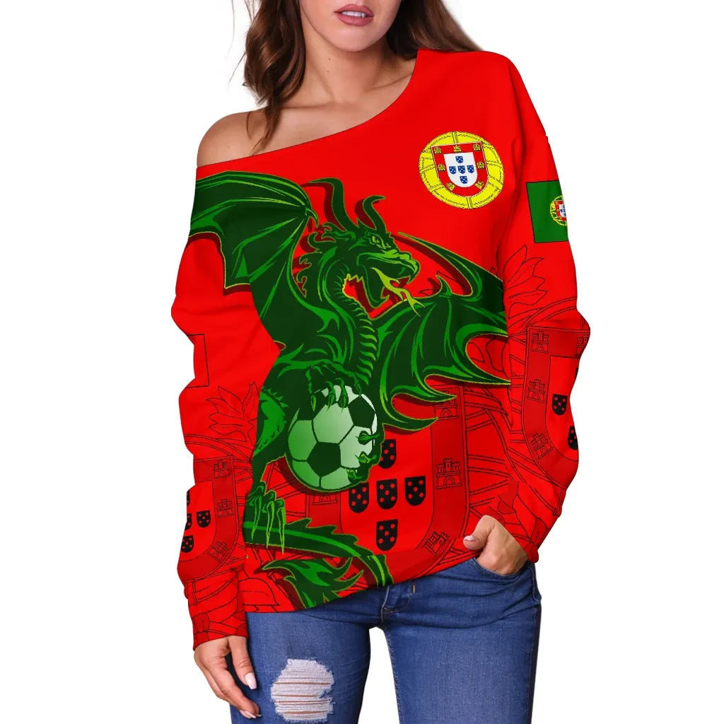Portugal Football Dragon Green Off Shoulder Sweater