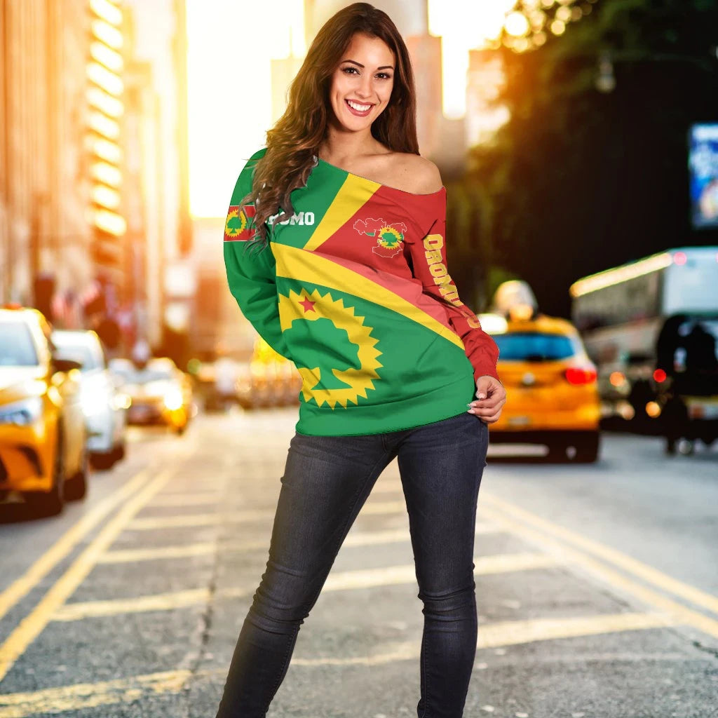 Oromo Off Shoulder Sweater Oromo Flag Maps Green