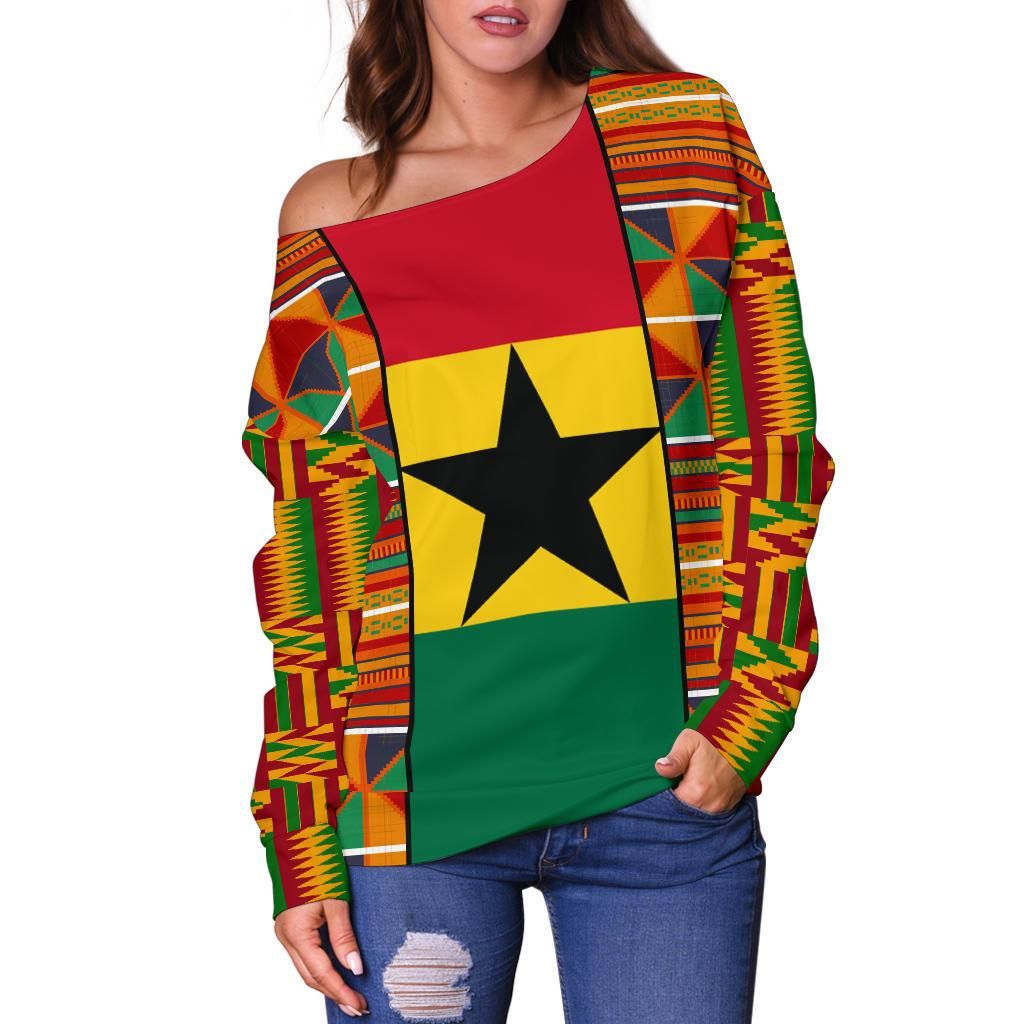 Ghana Women's Off Shoulder Sweater Kente Cloth Th5