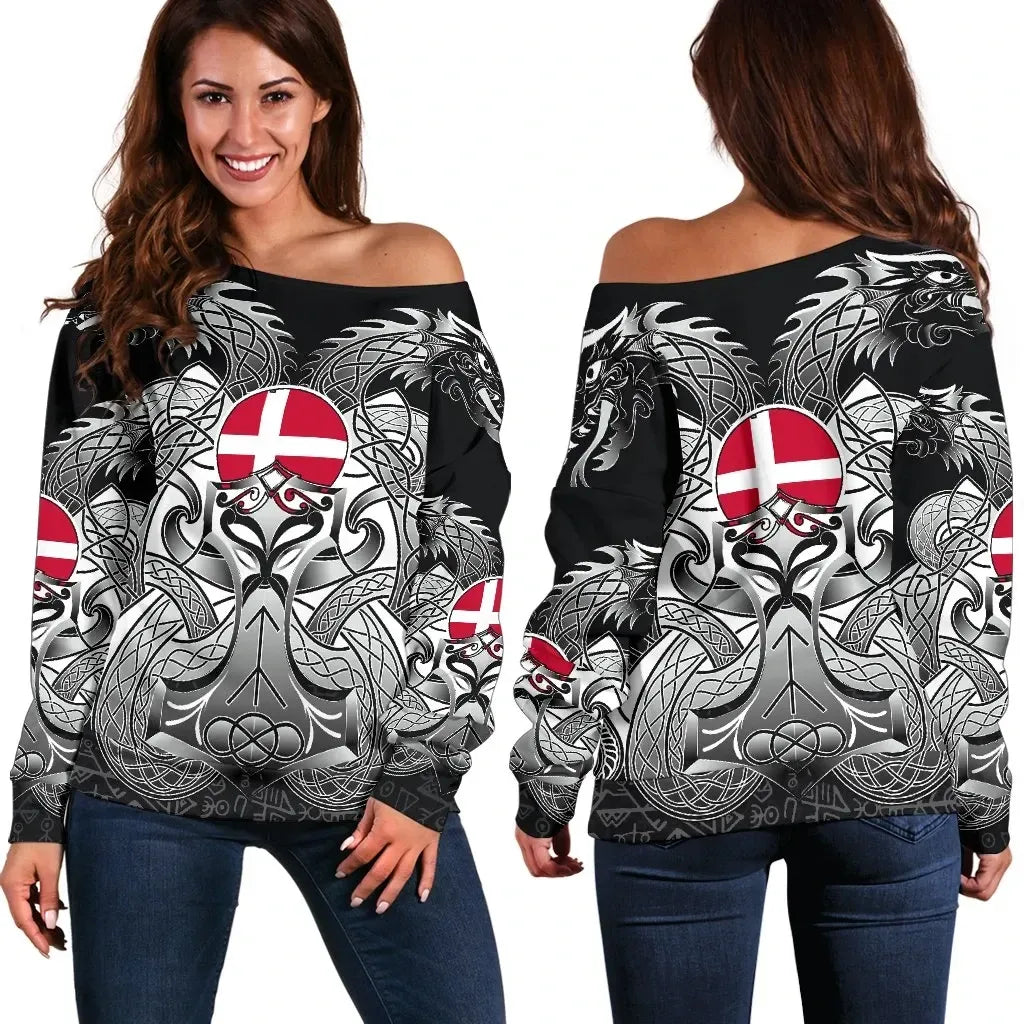 Women's Off Shoulder Sweater Denmark Mjolnir and Double Dragon