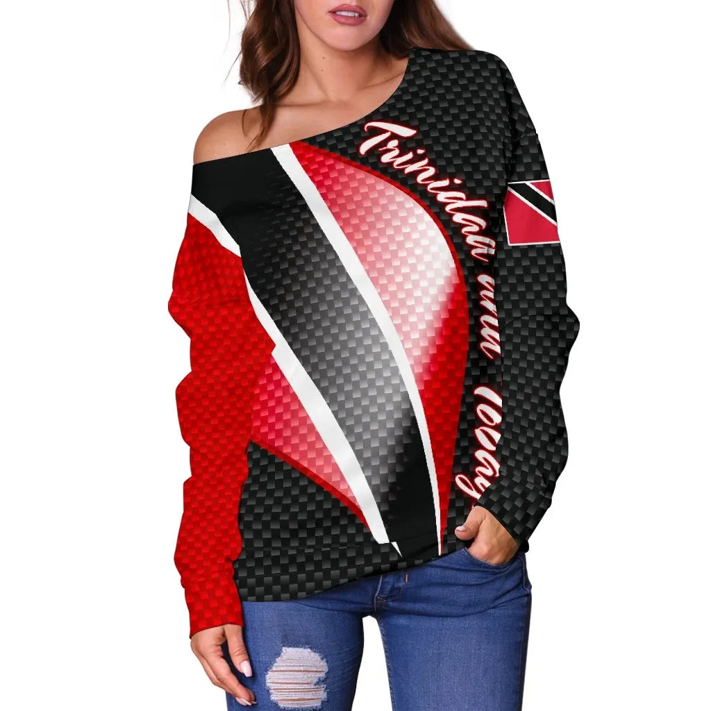 Trinidad and Tobago Women's Off Shoulder Sweater Trinidad and Tobago Flag
