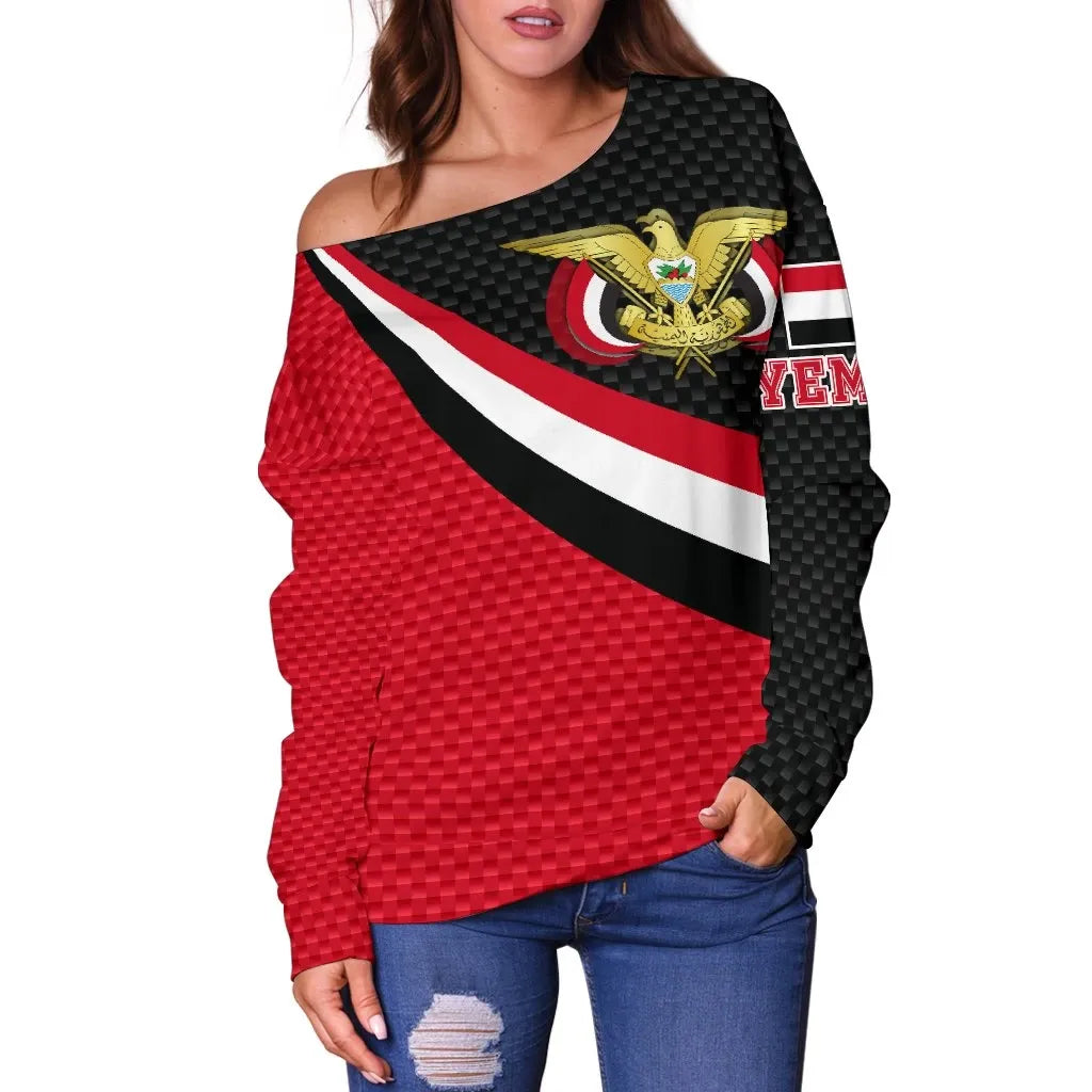 Yemen Women's Off Shoulder Sweater Yemen Coat Of Arms and Flag Color