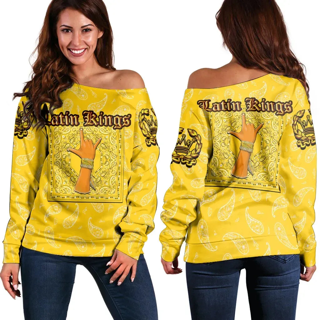Latin Kings Gang Off Shoulder Sweater Yellow Bandana Pattern