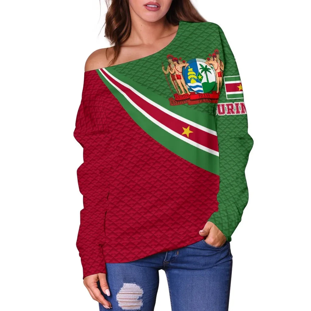 Suriname Women's Off Shoulder Sweater Suriname Coat Of Arms and Flag Color