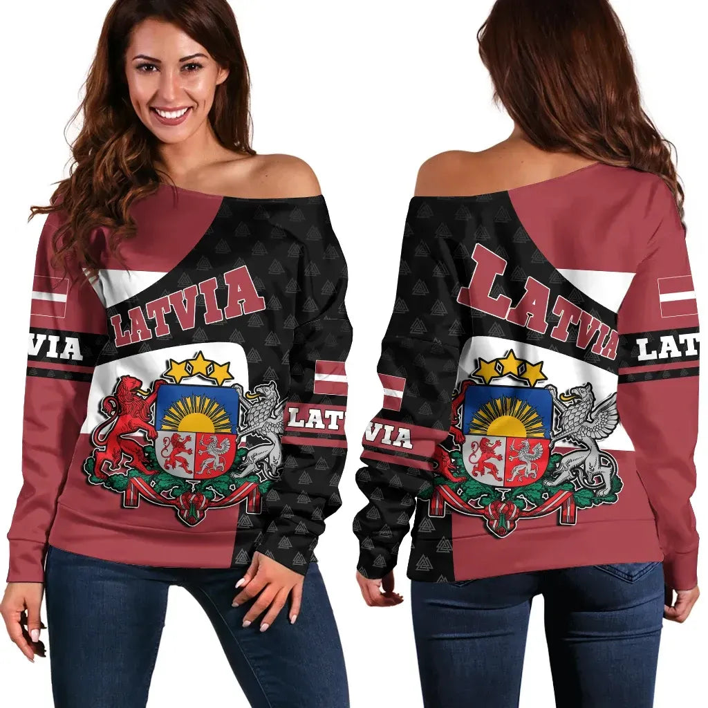 Latvia Off Shoulder Sweater Flag and Valknut Symbols