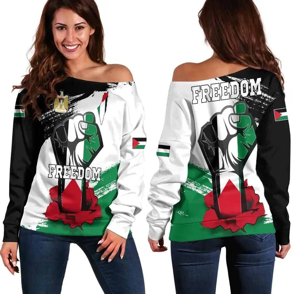 Palestine Freedom Women's Off Shoulder Sweater Flag and Map