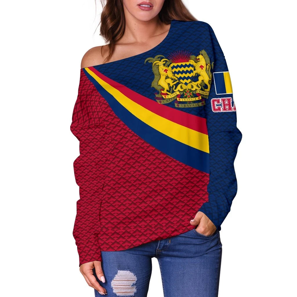 Chad Women's Off Shoulder Sweater Chad Coat Of Arms and Flag Color