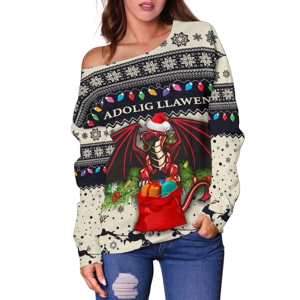 Cymru Christmas Women Off Shoulder Sweater Warm Vibes Beige Navy