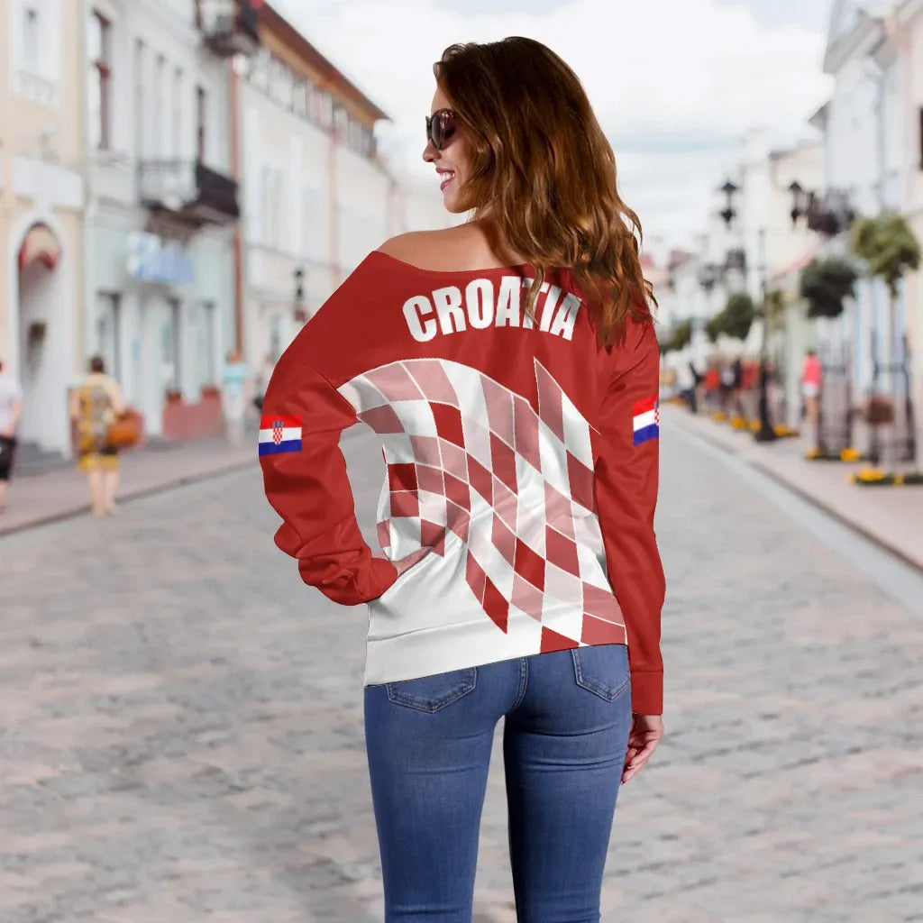 Croatia Off Shoulder Sweater Flag Red Color