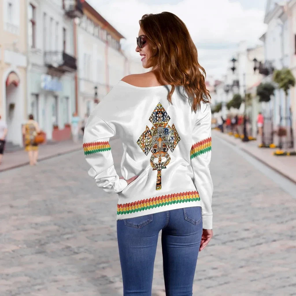 Ethiopian Off Shoulder Sweater Habesha Holy Cross White