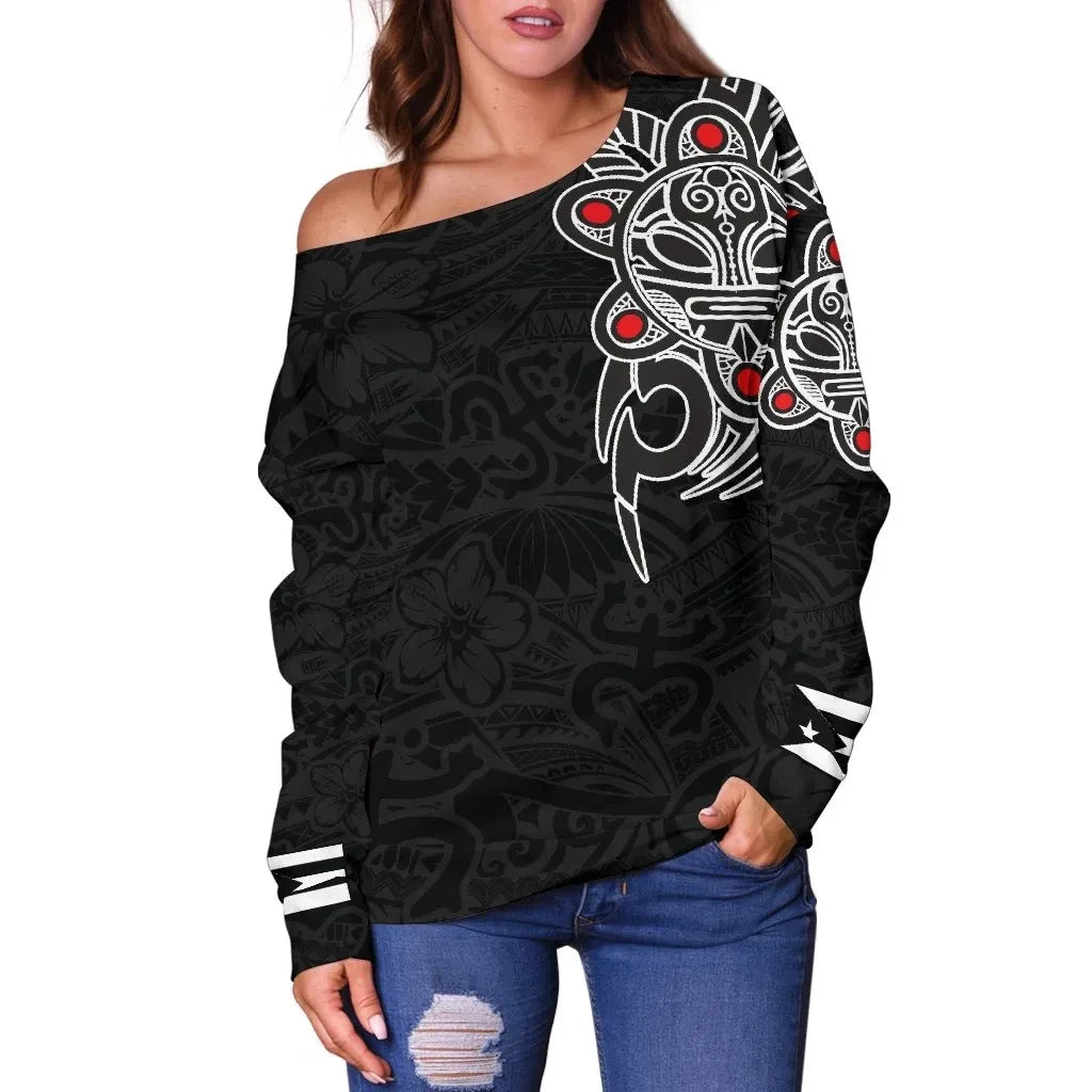 Puerto Rico Taino Sun Coqui Frog Tribal Women's Off Shoulder Sweater