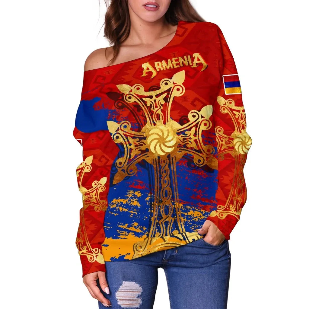 Armenia Khachkar Armenian Cross Special Women's Off Shoulder Sweater