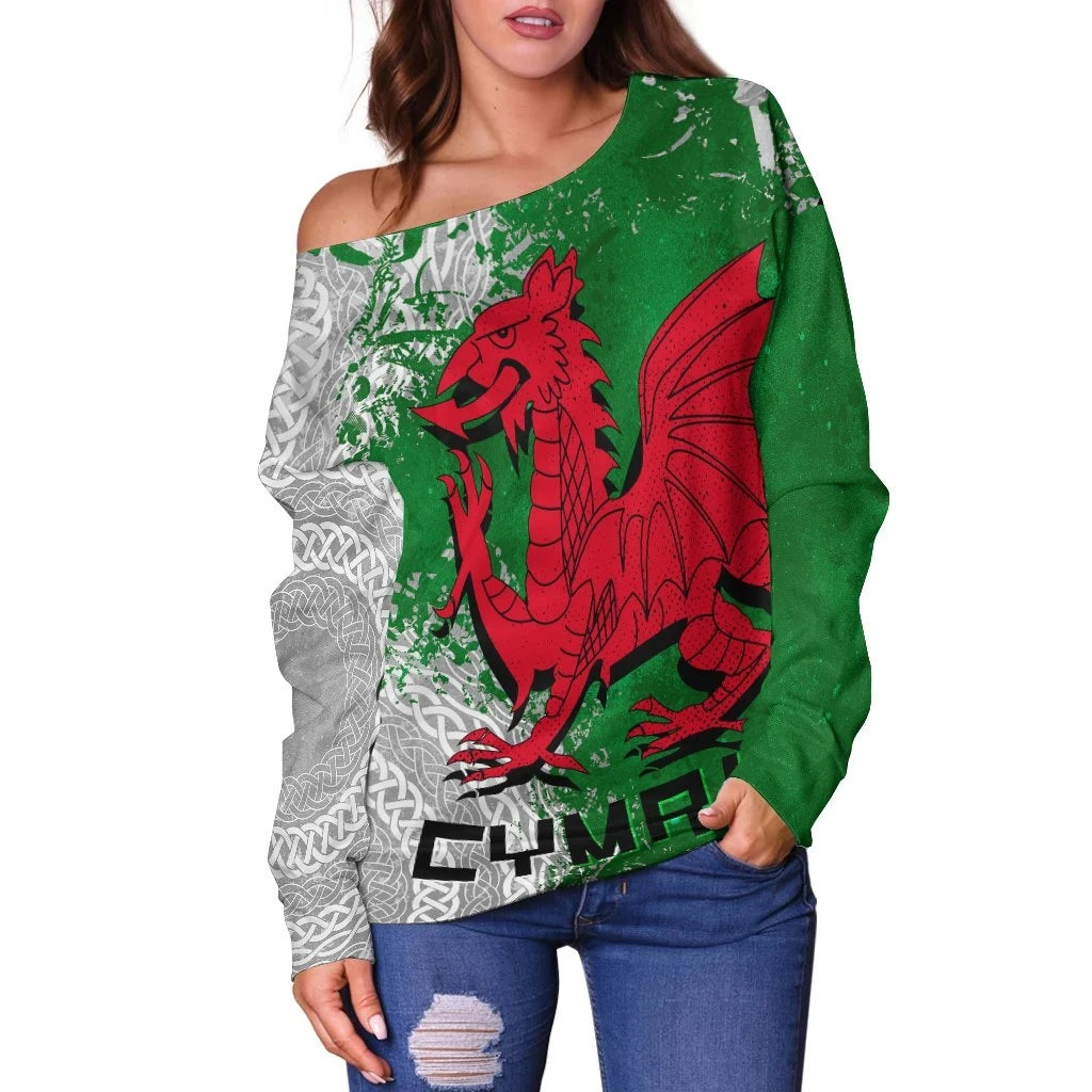 Wales Celtic Women's Off Shoulder Sweater Grunge Dragon