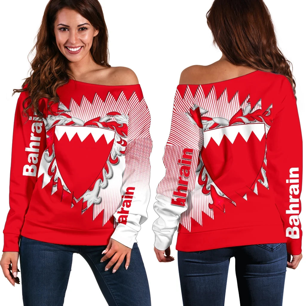 Bahrain Special Flag Style Women's Off Shoulder Sweater