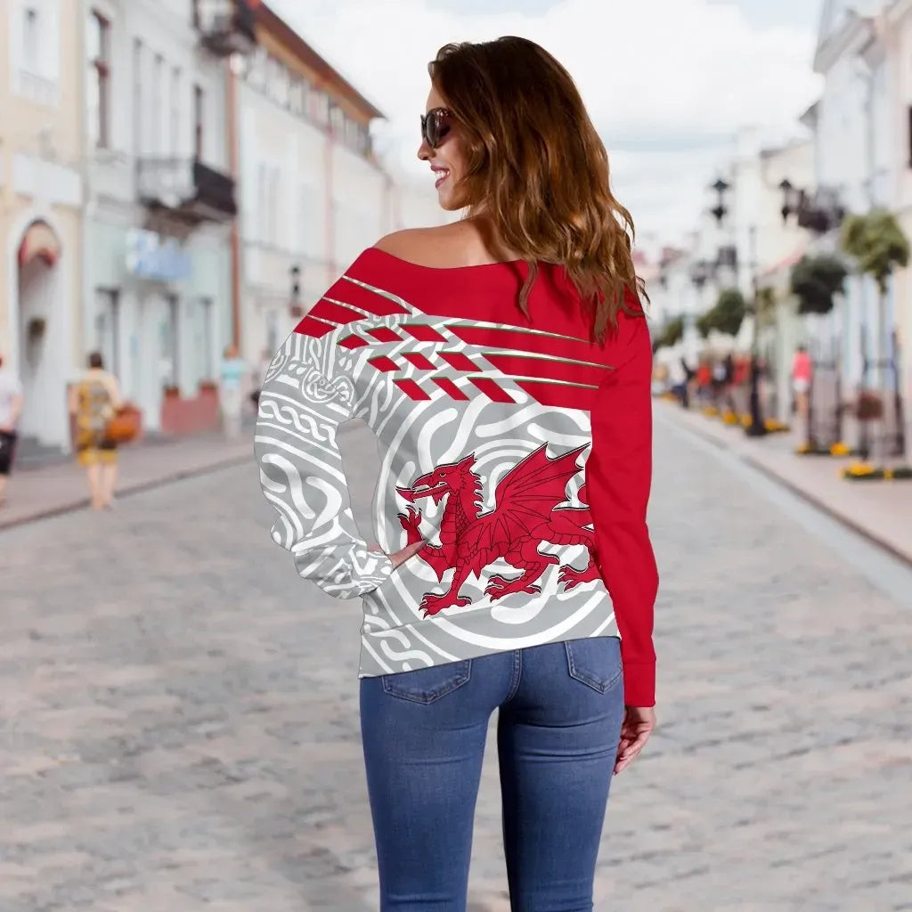 Wales Women's Off Shoulder Sweater Welsh Cymru With Celtic Patterns
