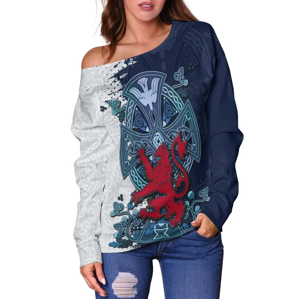 Scotland Women's Off Shoulder Sweater Lion Rampant With Celtic Cross